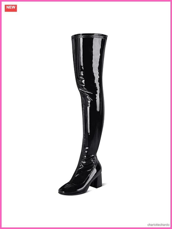 Shoes - Patent Leather PU Chunky Heel Over the Knee Boots Square Toe Side Zipper Gogo